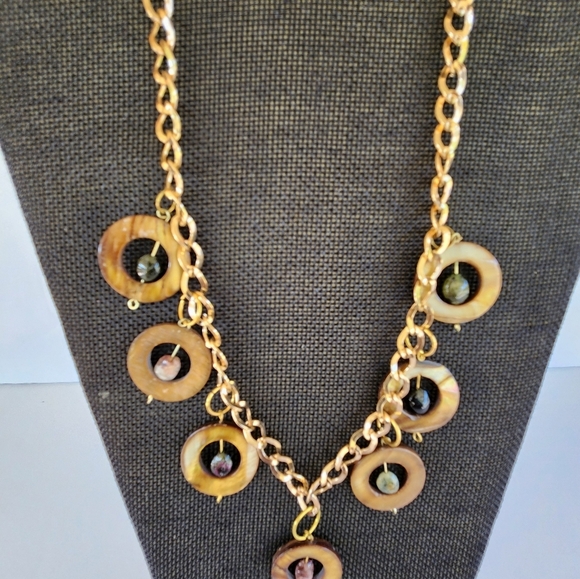 Hand Crafted Necklace Shells Stones Brown Green Chain Charm - Picture 7 of 7